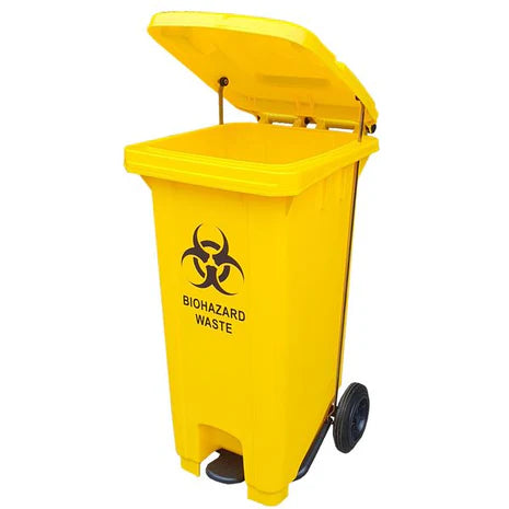 BIOHAZARD WASTE DISPOSAL BIN (YELLOW) WITH WHEELS AND FOOT PEDAL 120L