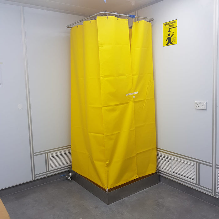 Spilldoc Curtain Booth Type Emergency Shower & Eyewash Station with waste water containment sink SDCBSE/304SS