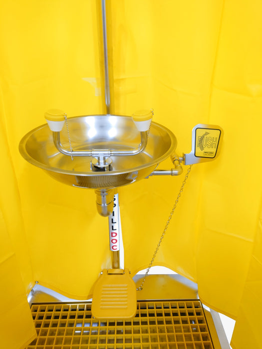 Spilldoc Curtain Booth Type Emergency Shower & Eyewash Station with waste water containment sink SDCBSE/304SS