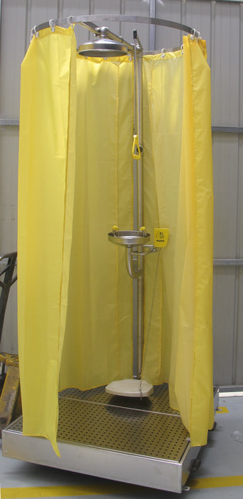 Spilldoc Curtain Booth Type Emergency Shower & Eyewash Station with waste water containment sink