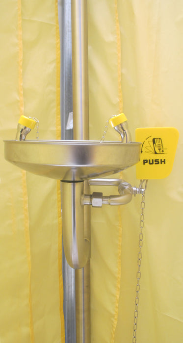 Spilldoc Curtain Booth Type Emergency Shower & Eyewash Station with waste water containment sink