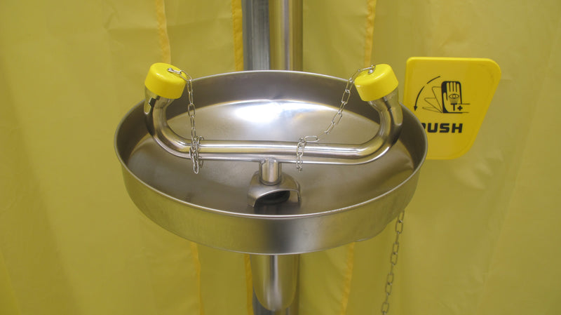 Spilldoc Curtain Booth Type Emergency Shower & Eyewash Station with waste water containment sink