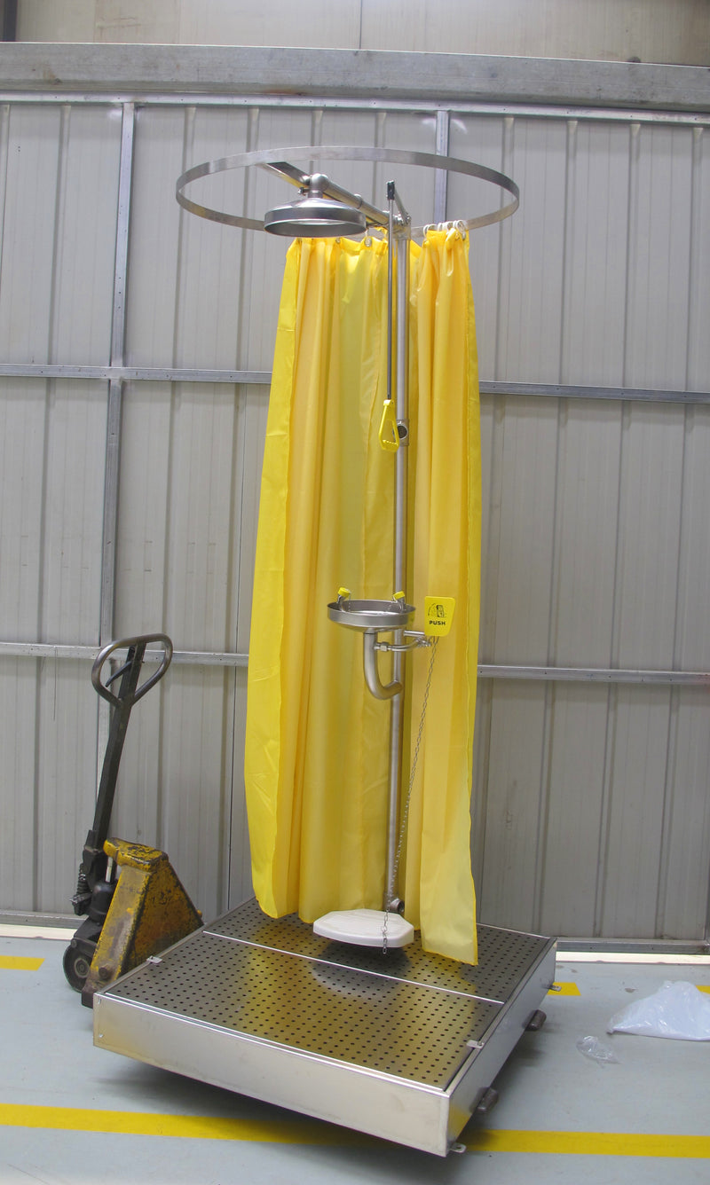 Spilldoc Curtain Booth Type Emergency Shower & Eyewash Station with waste water containment sink