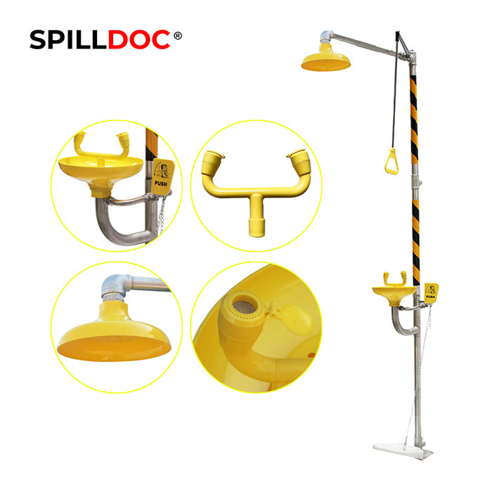 Combination Emergency Shower & Eyewash Station BD-550C for an immediate response to remove toxic or harmful substances. It comes with both hand push plate and foot pedestal for immediate flushing of water.