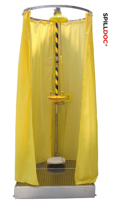 Spilldoc Curtain Booth Type Emergency Shower & Eyewash Station with waste water containment sink