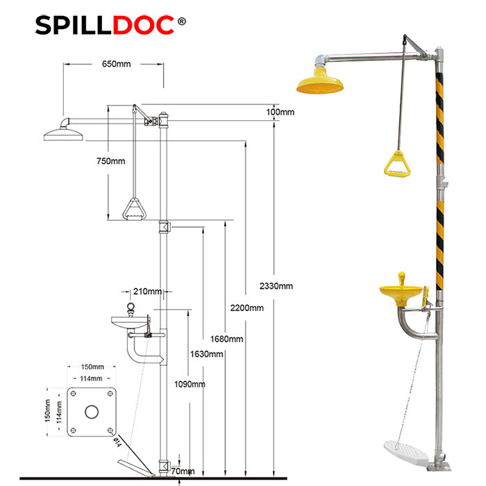 Combination Emergency Shower & Eyewash Station BD-550C for an immediate response to remove toxic or harmful substances. It comes with both hand push plate and foot pedestal for immediate flushing of water.